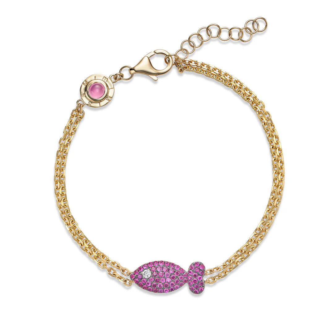 Medium Pink Sapphire Lucky Fish Bracelet in Yellow